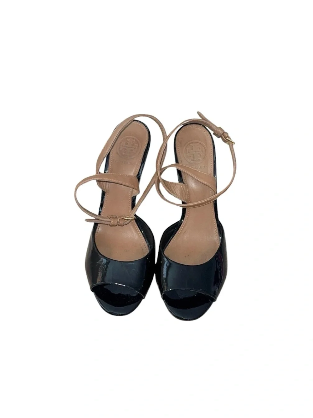 Tory Burch Ashton Black Patent‎ Leather Cork Wedge Peep Toe Heels Size 8
